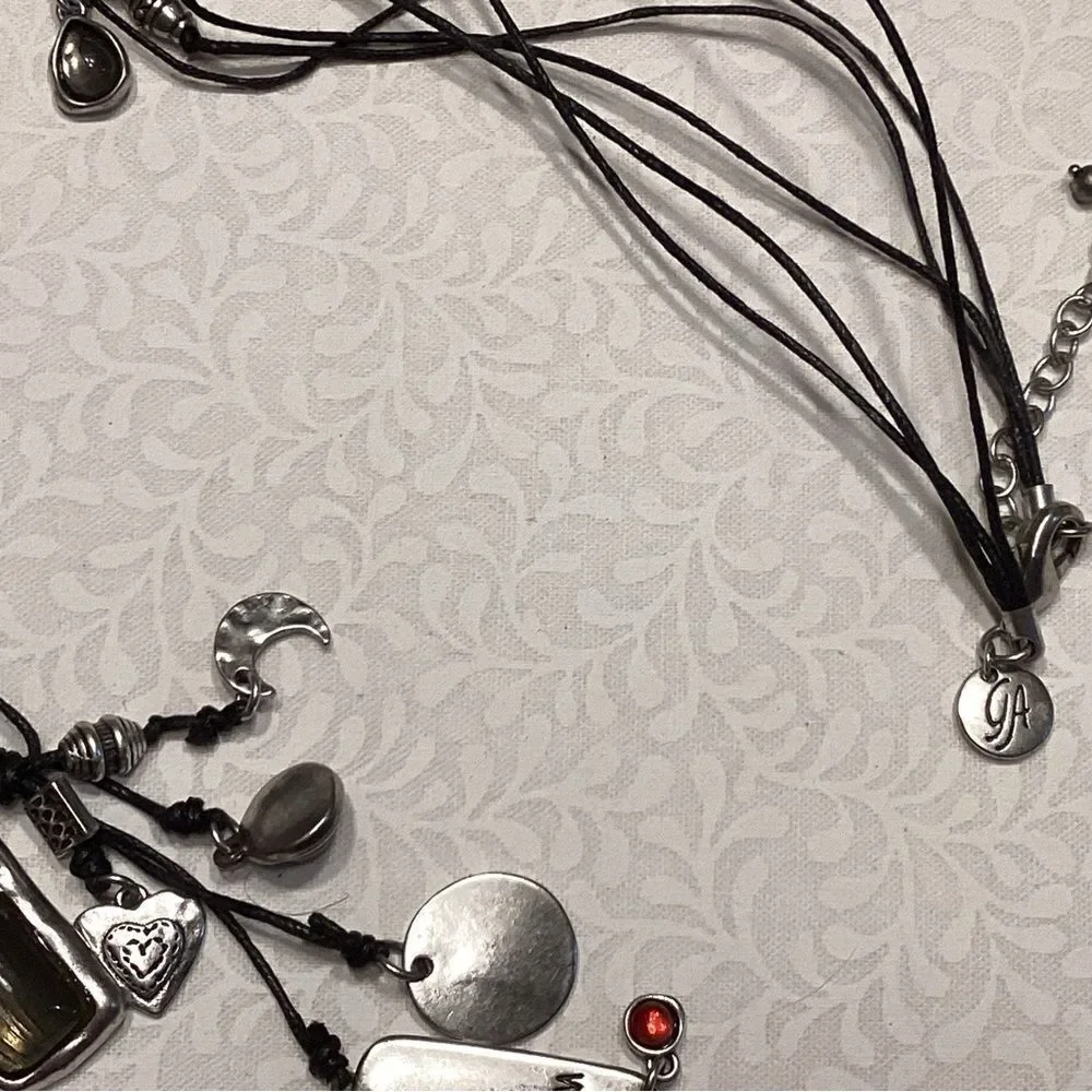 Black Triple Strand Corded Necklace with Multi-Color Charm Accents